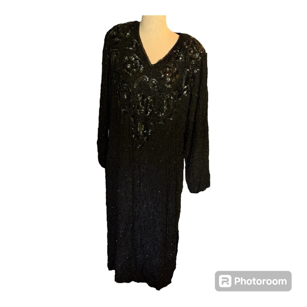 Elegance by Anujan XXL black silk sequined/beaded dress New With Tags